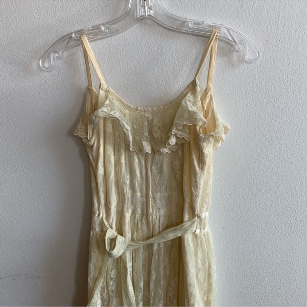 Vintage 1930s Gown Floral Lace Satin Silk Maxi Dress Ruffled Butter Yellow Cream - Picture 2 of 12